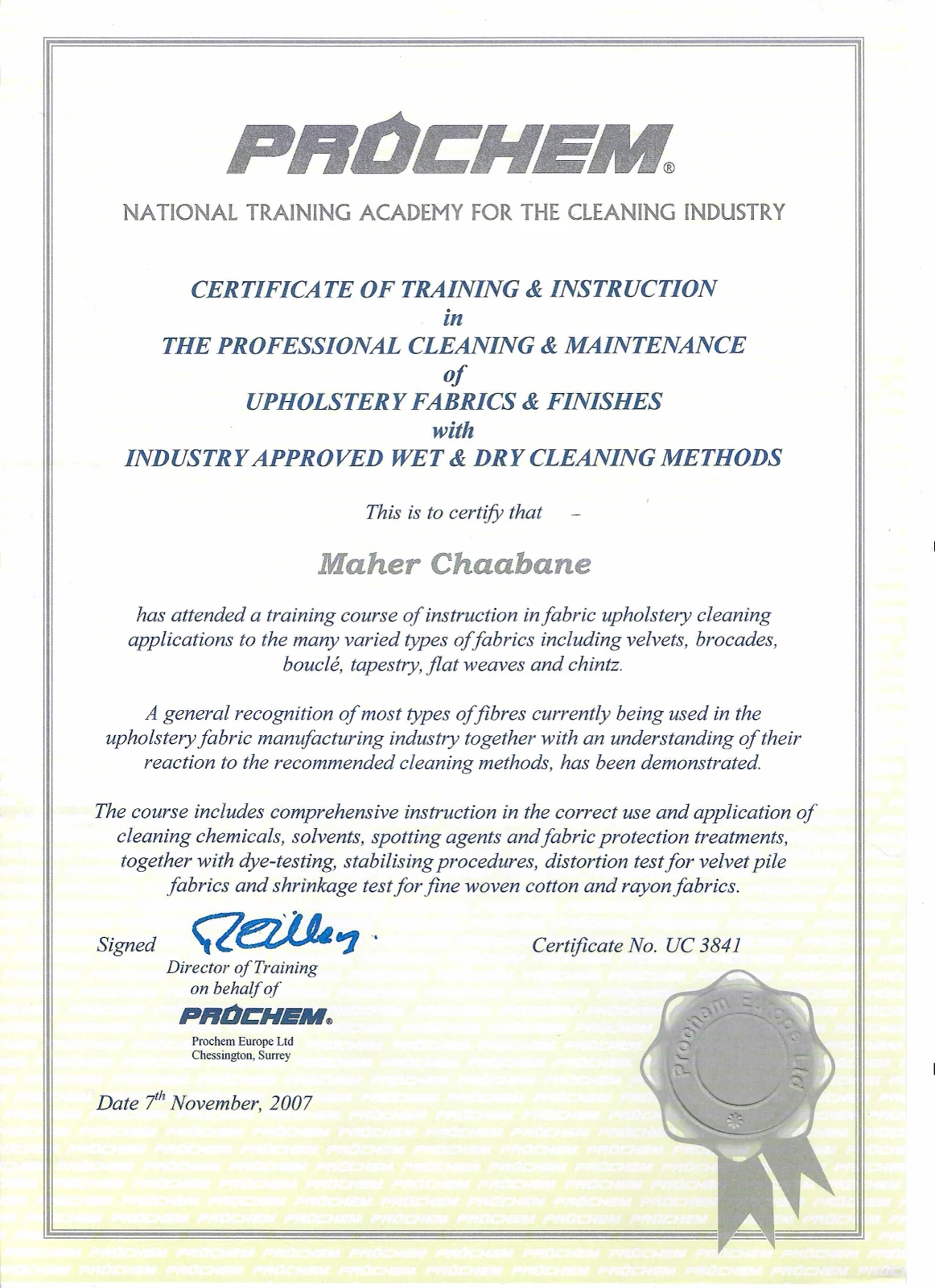 Scan de la certification Prochem pour l’entretien professionnel des tissus d’ameublement