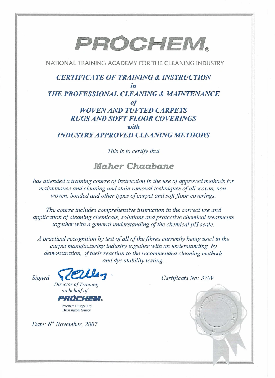 Scan de la certification Prochem pour l’entretien professionnel des tapis, moquettes et sols textiles