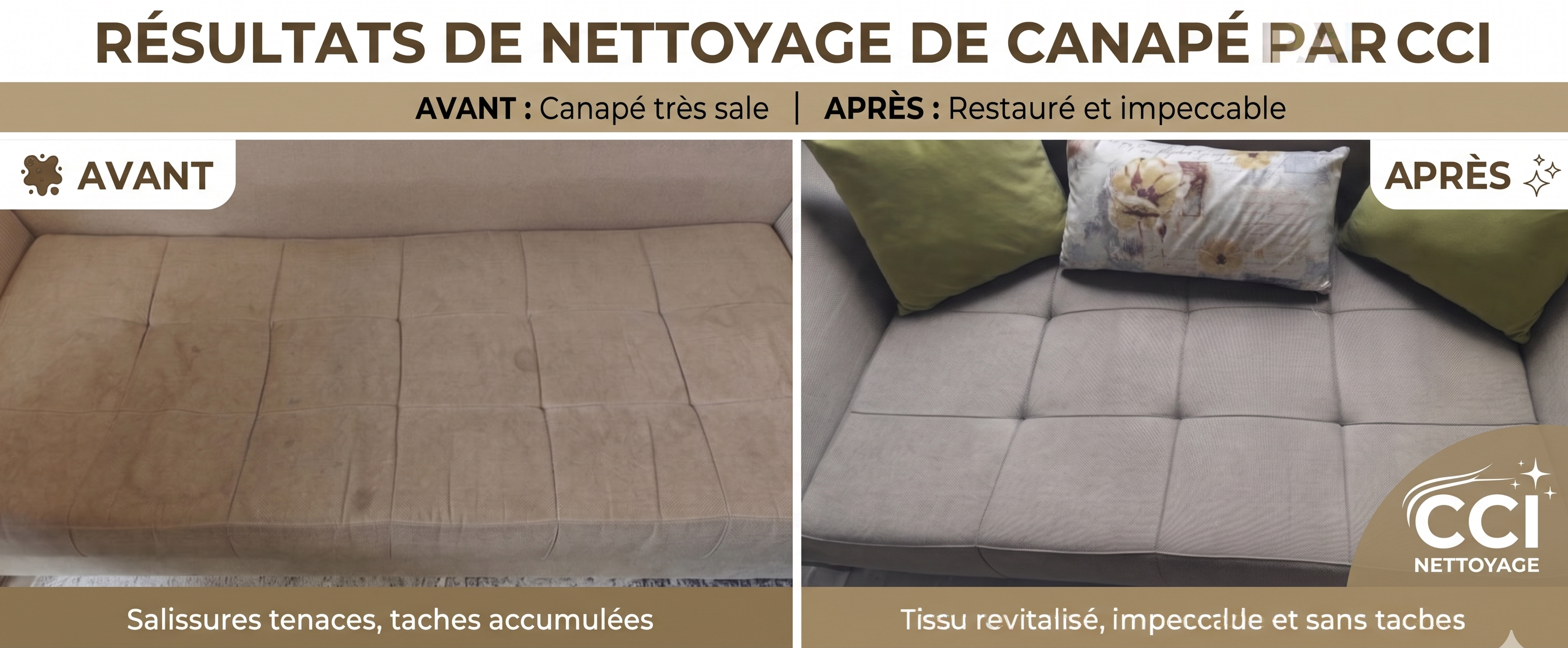 Avant après nettoyage de canapé tissu par CCI Services à Tunis