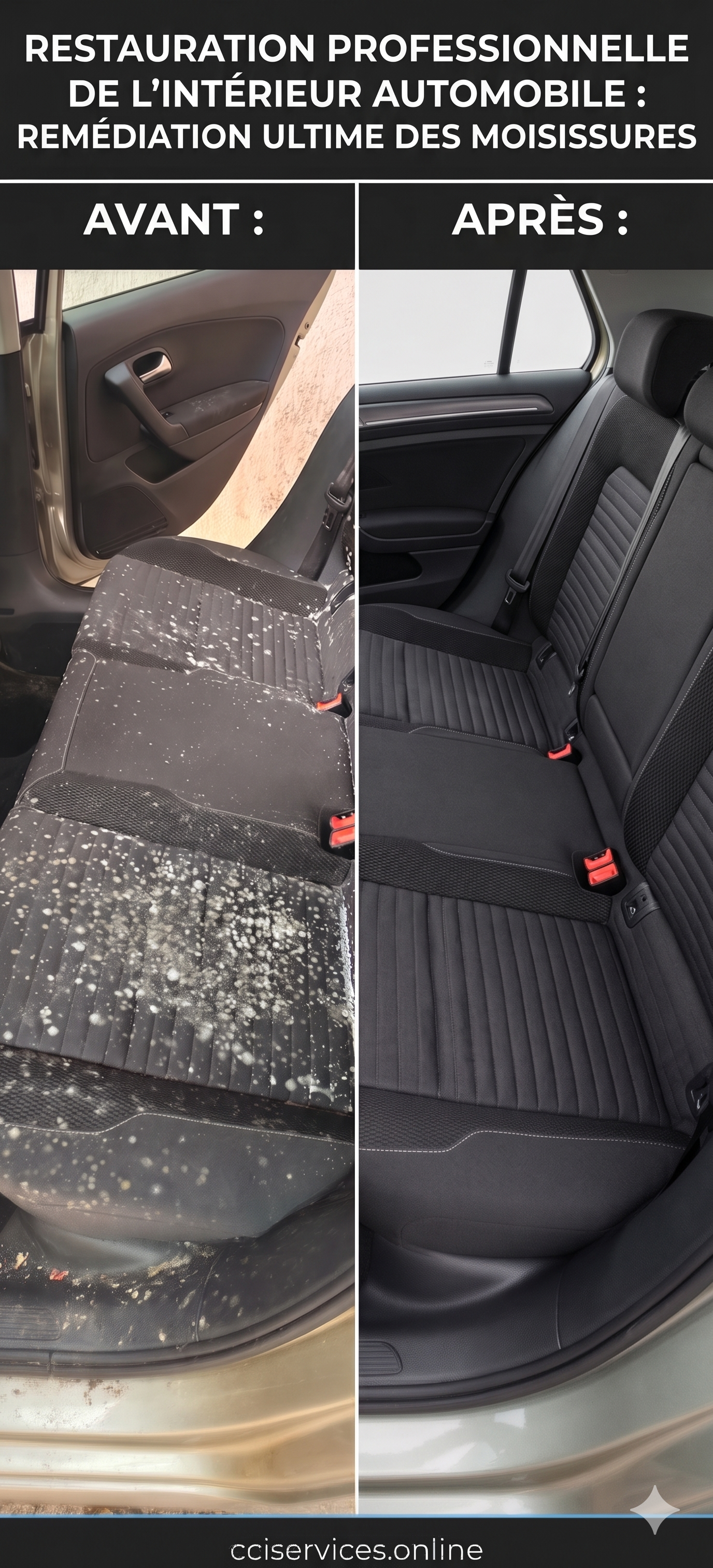 Avant après nettoyage intérieur de voiture avec traitement de moisissures sur banquette arrière à Tunis