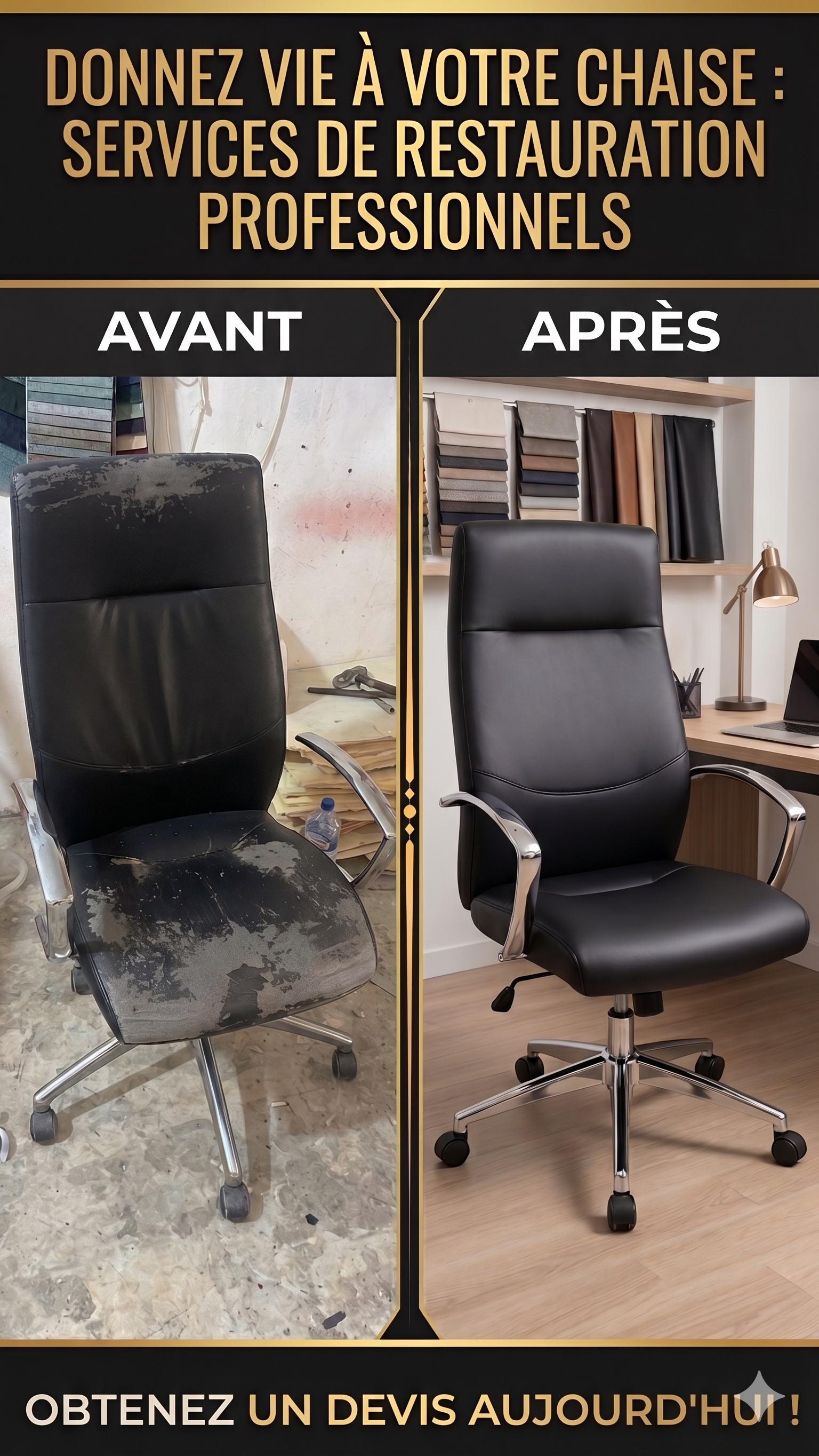 Avant après retapissage d'une chaise de bureau noire par CCI Services à Tunis